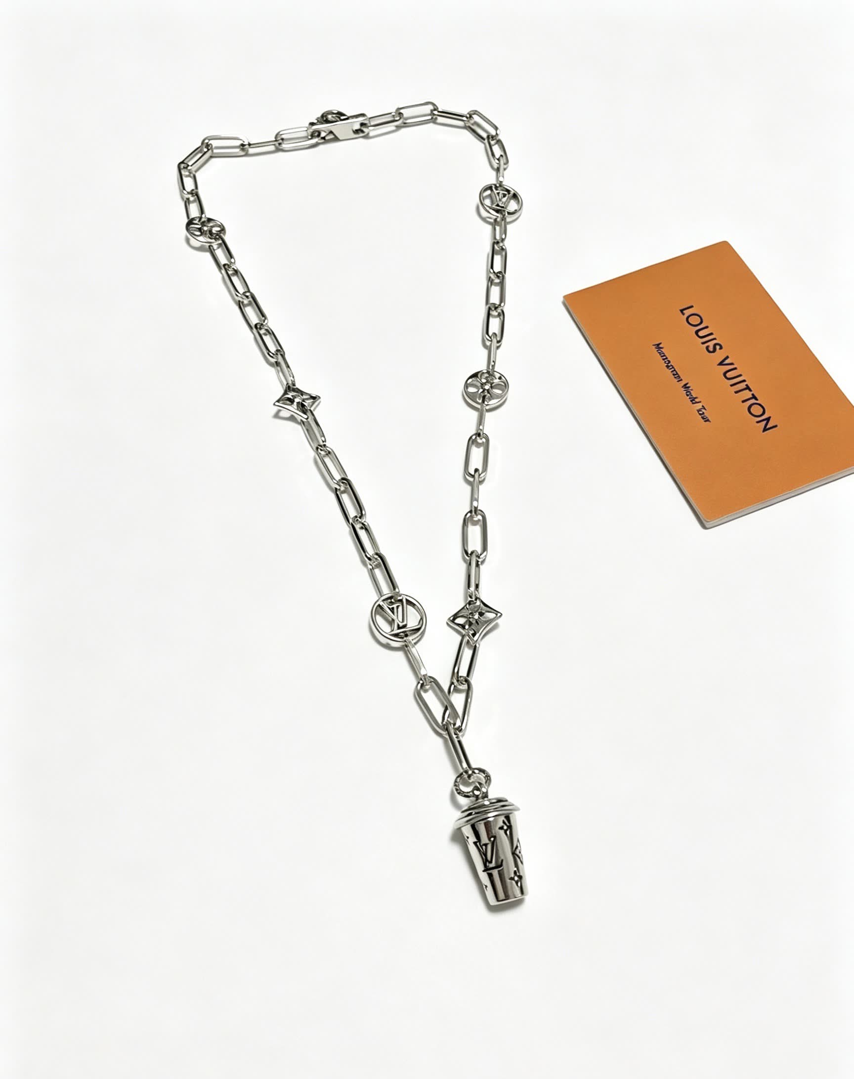 Louis Vuitton Silver Chain Necklace with Logo Charms